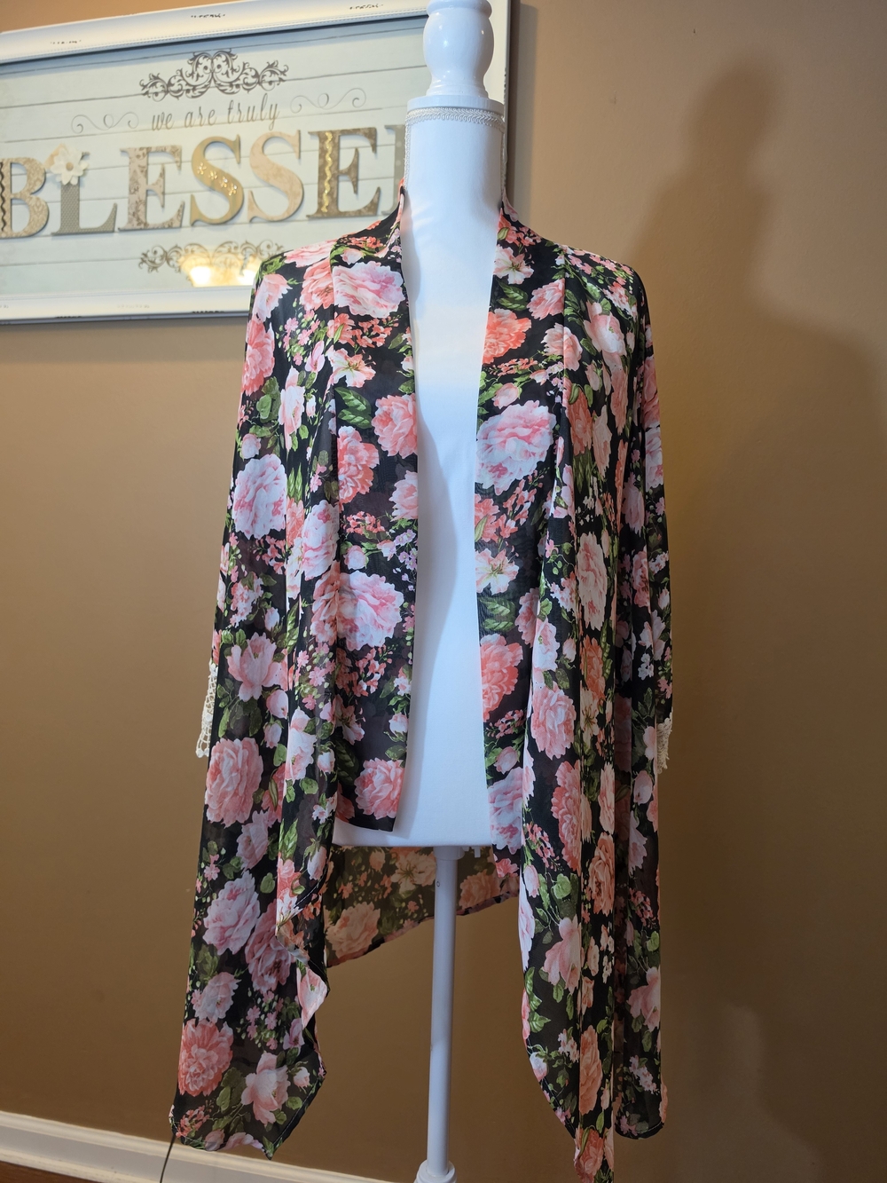Floral Open-Front Cardigan Shrug - Black with Pink Roses - Picture 1 of 9